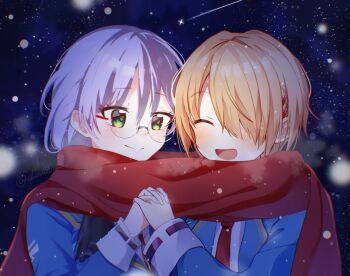 2girls blonde_hair blue_jacket blush breasts closed_eyes commentary_request glasses green_eyes grey_hair hair_ornament hair_over_one_eye hair_over_shoulder hairclip heaven_burns_red izumi_yuki_(heaven_burns_red) jacket kayamori_ruka long_hair long_sleeves low-tied_long_hair multiple_girls necktie night one_eye_covered round_eyewear shirt short_hair snowing white_shirt xdjf63qbpt0iqmj yuri