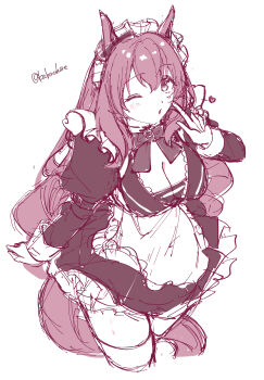 1girl absurdres alternate_costume animal_ears apron bow bowtie breasts chestnut_mouth chikabe cleavage cowboy_shot enmaided heart highres horse_ears horse_girl horse_tail index_finger_raised juliet_sleeves long_sleeves maid maid_apron maid_headdress maruzensky_(umamusume) medium_breasts one_eye_closed puffy_sleeves signature sketch solo tail thighhighs twitter_username umamusume zettai_ryouiki