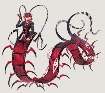 1boy antennae arm_up arthropod_boy bairizuomeng black_suit bug centipede centipede_boy claws demon_boy disembodied_eye film_strip formal_clothes frilled_sleeves frills hair_ornament hairclip highres long_hair looking_at_viewer male_focus monster_boy necktie orange_eyes original red_hair red_necktie shirt smile striped_clothes striped_shirt suit