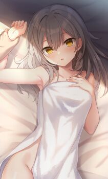 1boy 1girl :o breasts commentary_request grey_hair hair_intakes hand_on_own_chest highres holding_another&#039;s_wrist honkai:_star_rail honkai_(series) lying medium_hair naked_towel ogiyuki on_back on_bed paid_reward_available parted_lips pov pov_hands small_breasts stelle_(honkai:_star_rail) towel trailblazer_(honkai:_star_rail) yellow_eyes