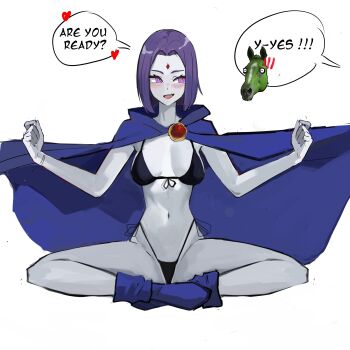 1boy 1girl absurdres animal_boy beast_boy_(dc) bikini black_bikini blue_cloak blush breasts cleavage cloak colored_skin couple dc_comics english_text forehead_jewel garfield_logan green_skin grey_skin highres hood hooded_cloak horse imminent_bestiality indian_style medium_breasts open_mouth purple_eyes purple_hair raven_(dc) simple_background sitting smile speech_bubble swimsuit teen_titans tefi_blum thong_bikini