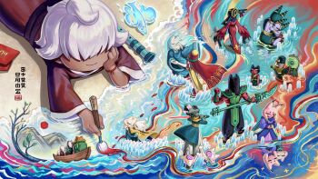 6+boys 6+girls affectionate boat brother_and_sister cat_boy cat_girl chinese_commentary citipati000 closed_eyes closed_mouth commentary_request dark-skinned_male dark_skin eigong_(nine_sols) fuxi_(nine_sols) goumang_(nine_sols) hair_over_eyes heng_(nine_sols) highres holding holding_sword holding_weapon hug ji_(nine_sols) jiequan_(nine_sols) kuafu_(nine_sols) lady_ethereal lear_(nine_sols) lying mountain multiple_boys multiple_girls mystic_nymph_(nine_sols) nine_sols nuwa_(nine_sols) on_stomach paintbrush painting_(action) shennong_(nine_sols) short_hair shuanshuan_(nine_sols) siblings smile sword water watercraft weapon white_hair xiaohe_(nine_sols) yanlao_(nine_sols) yi_(nine_sols)