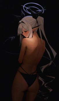 1girl anemoneeanemone ass black_background black_panties black_ribbon blue_archive cowboy_shot dark-skinned_female dark_skin demon_tail from_behind grey_hair hair_intakes hair_ribbon halo highres iori_(blue_archive) long_hair long_pointy_ears looking_at_viewer looking_back multi-strapped_panties panties pointy_ears red_eyes ribbon shoulder_blades simple_background solo tail topless_female twintails underwear underwear_only very_long_hair