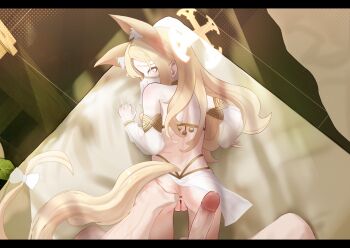 1boy 1girl animal_ears anus ass blonde_hair blue_archive bow dancer detached_sleeves erection extra_ears fox_ears fox_girl fox_tail grabbing_another's_ass groping halo harem_outfit hetero highres loli long_hair long_sleeves looking_at_viewer lying mouth_veil on_stomach penis pov pussy rancidronin seia_(blue_archive) solo_focus tail tail_bow tail_ornament uncensored veil yellow_eyes yellow_halo