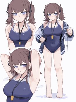 1girl bare_legs black_one-piece_swimsuit blue_jacket blue_one-piece_swimsuit blush bow breasts brown_hair cevio cleavage collarbone comb commentary_request competition_school_swimsuit covered_navel full_body hair_ribbon highres jacket key large_breasts long_hair long_sleeves looking_at_viewer multiple_views natsuki_karin one-piece_swimsuit open_mouth purple_eyes ribbon school_swimsuit shirt smile solo swimsuit swimsuit_under_clothes twintails ubah upper_body whistle whistle_around_neck
