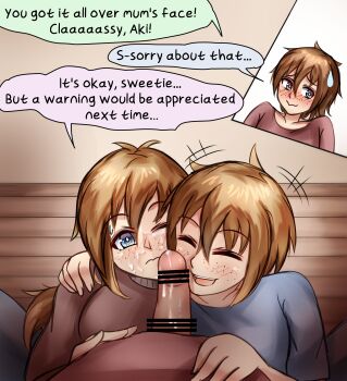 1boy 2girls age_difference bar_censor blue_eyes blush brother_and_sister brown_hair censored closed_eyes clothed_sex cooperative_fellatio cum cum_on_body embarrassed english_text ethan(33327245) ethanppj facial fellatio freckles green_eyes hetero incest mother_and_daughter mother_and_son multiple_girls onee-shota oral original oyakodon_(sex) shota siblings smile teamwork_(sexual)