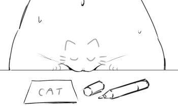 1girl bodypaint cat crotch_rub english_text groin hip_focus marker monochrome mons_pubis navel original pad_sex_cyclops paper pussy simple_background solo sweat table white_background