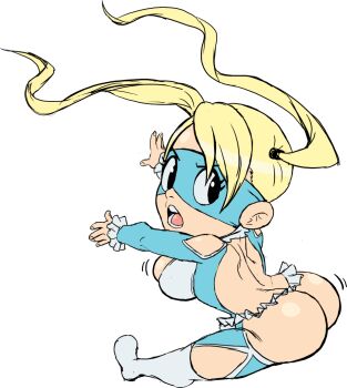 1girl ass bare_back blonde_hair breasts butt_crack chibi flying_peach hip_attack large_breasts looking_back luchador luchador_mask mask open_mouth rainbow_mika solo street_fighter teevo twintails wrestler wrestling_outfit