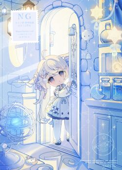Rule 34 | 1girl, ahoge, blue eyes, bookshelf, chibi, cupboard, dress, eyebrows hidden by hair, flat chest, full body, globe, gradient eyes, hair ribbon, highres, hoshiusagi no chloe, jar, long hair, looking at viewer, multicolored eyes, open mouth, opening door, original, peeking out, pocket watch, ribbon, solo, thighhighs, twintails, very long hair, watch, white dress, white thighhighs
