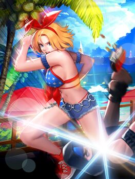 1girl beach bikini blonde_hair blue_eyes blue_mary breasts female_focus hairband highres huge_breasts large_breasts outdoors panties shoes short_hair shorts sneakers swimsuit the_king_of_fighters the_king_of_fighters_all-stars thick_thighs thighs underwear water wide_hips