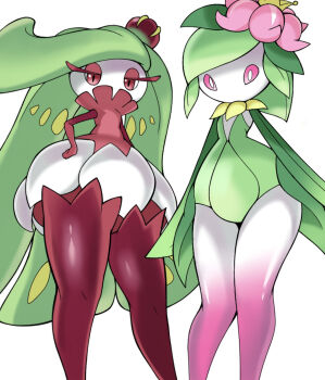 2girls boots chaba_tsuke colored_sclera colored_skin crown female_focus flat_chest flower gen_7_pokemon green_hair hair_flower hair_ornament half-closed_eyes hand_on_own_hip hisuian_lilligant knees_together_feet_apart legs long_hair looking_at_viewer mini_crown monster_girl multicolored_skin multiple_girls nintendo no_mouth pink_flower pink_sclera pink_skin plant_girl pokemon pokemon_(creature) purple_boots purple_eyes purple_skin shiny_skin short_hair sidelocks simple_background swept_bangs thigh_boots thighs trait_connection tsareena two-tone_skin very_long_hair white_background white_eyes white_skin wide_hips yellow_crown