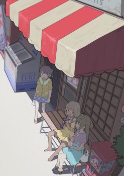 3girls arms_at_sides bag barefoot blue_skirt blunt_bangs brown_hair brown_shorts closed_mouth dress eating food freezer from_above gashapon green_scrunchie hair_ornament hair_scrunchie hands_up highres hojo_sophy holding holding_bag jacket kemura_(puripurinea) long_hair looking_at_another manaka_laala manaka_non minami_mirei multiple_girls on_bench open_mouth outdoors paprika_private_academy_school_uniform pink_shirt pretty_series pripara purple_eyes purple_hair sailor_collar school_uniform scrunchie shaved_ice shirt shoes shopping_bag short_hair short_sleeves shorts side_ponytail sitting skirt slice_of_life sliding_doors smile socks standing storefront taiyo_pepper tsukikawa_chili tsukikawa_chili_(normal) two_side_up white_sailor_collar white_socks wide_shot yellow_dress yellow_jacket yellow_shoes