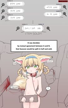 1girl ? absurdres amputee animal_ears arknights bdsm blonde_hair blood blue_hairband bondage bound bound_wrists braid braided_hair_rings collar ear_tag english_text female_focus flat_chest flower fox_ears fox_girl fox_tail green_eyes hair_rings hairband highres imminent_death ju_ge leash lily_of_the_valley loli nipples nude pillory red_collar simple_background slave solo spoken_question_mark standing stocks suzuran_(arknights) tail