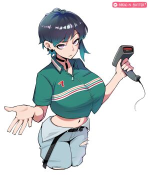 1girl 7-eleven absurdres aqua_hair artist_name asymmetrical_sidelocks barcode_scanner belt black_belt black_choker black_hair blue_pants borrowed_character bread-n-butter breasts cashier choker collared_shirt commentary commission crop_top cropped_legs cropped_shirt earrings employee_uniform english_commentary gradient_hair green_shirt highres holding holding_barcode_scanner jewelry large_breasts midriff multicolored_hair navel open_hand original pants purple_eyes shirt short_hair short_sleeves sidelocks simple_background solo tara_(tyrslament) torn_clothes torn_pants white_background