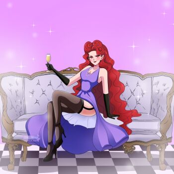 Rule 34 | 1girl, alcohol, alternate costume, bishoujo senshi sailor moon, bishoujo senshi sailor moon (first season), bishoujo senshi sailor moon supers, champagne, dress, garter straps, high heels, highres, jewelry, long hair, looking at viewer, necklace, pearl necklace, pointy ears, purple dress, queen beryl, red eyes, red hair, sitting, smile, solo, stargirlseed, thighhighs, very long hair