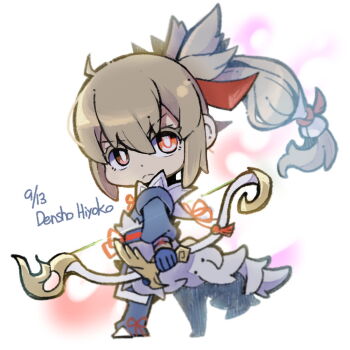 1boy chibi chibi_only commentary_request fire_emblem fire_emblem_fates fujin_yumi_(fire_emblem) grey_hair hair_ribbon japanese_clothes long_hair male_focus nintendo orange_eyes ponytail red_ribbon ribbon ryoto_soukyuu solo takumi_(fire_emblem)