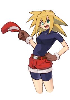 Rule 34 | 1girl, blonde hair, breasts, cowboy shot, green eyes, hat, highres, holding, holding unworn clothes, holding unworn hat, medium hair, mega man (series), mega man legends (series), newsboy cap, red hat, red shorts, roll caskett (mega man), shorts, simple background, solo, tikuwabu 33, unworn hat, unworn headwear, white background