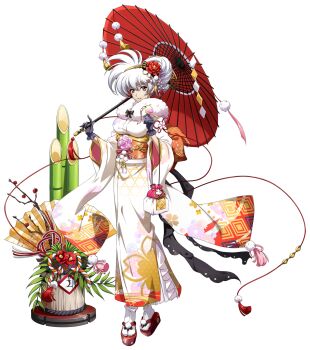 1girl animal animal_on_hand bag bamboo bird bird_on_hand black_gloves black_ribbon branch breasts crossed_legs drawstring drawstring_bag elbow_carry floating_clothes floral_print floral_print_kimono flower full_body fur-trimmed_kimono fur_trim furisode game_cg gloves hair_between_eyes hair_flower hair_ornament hair_ribbon hair_up hairband handbag highres holding holding_bag holding_kinchaku holding_umbrella japanese_clothes kanzashi kimono kinchaku langrisser langrisser_iii langrisser_mobile large_breasts long_hair looking_at_viewer luna_(langrisser) obi obiage obijime official_alternate_costume official_art oil-paper_umbrella okobo parted_lips plant platform_sandals pom_pom_(clothes) potted_plant pouch print_kimono purple_flower red_eyes red_flower red_sandals red_umbrella ribbon sandals sash second-party_source simple_background smile socks solo standing star_(symbol) star_print tabi tachi-e tassel transparent_background tsumami_kanzashi umbrella umbrella_over_shoulder umbrella_tassel updo very_long_hair waist_sash white_bag white_kimono white_socks wide_sleeves