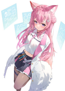 1girl animal_ear_fluff animal_ears antenna_hair arms_behind_back belt black_pantyhose black_skirt blush braid cat_ears coat commentary_request dutch_angle floating_screen hair_between_eyes hair_ornament hakui_koyori hakui_koyori_(1st_costume) hana_mori highres hololive long_hair looking_at_viewer midriff navel pantyhose pink_hair pink_skirt pleated_skirt purple_eyes shirt skirt smile solo standing thigh_strap two-tone_skirt virtual_youtuber white_coat white_shirt