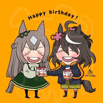 Rule 34 | 2girls, :d, ahoge, alternate costume, animal ears, black hair, black jacket, blush, bow, bowtie, chibi, chibi only, closed eyes, commentary request, ear ribbon, full body, green skirt, grey bow, grey bowtie, grey hair, grey shirt, happy, horse ears, horse girl, horse tail, jacket, kitasan black (umamusume), long hair, long sleeves, medium hair, multicolored hair, multiple girls, onikobe rin, open clothes, open jacket, open mouth, orange background, red ribbon, ribbon, satono diamond (umamusume), shirt, skirt, smile, streaked hair, tail, teeth, umamusume, upper teeth only, watermark, white hair