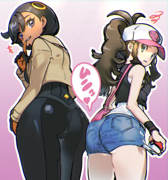 2girls ass ass-to-ass ass_focus ass_press baseball_cap black_bodysuit black_hair black_vest blue_eyes bodysuit bodysuit_under_clothes brown_hair brown_jacket cameltoe commentary_request dark-skinned_female dark_skin denim denim_shorts emma_(pokemon) exposed_pocket gloves hat hattsuman heart high_ponytail highres hilda_(pokemon) holding holding_poke_ball jacket latex latex_bodysuit looking_at_viewer multicolored_gloves multiple_girls nintendo open_clothes open_vest orange_gloves poke_ball poke_ball_(basic) poke_ball_print pokemon pokemon_bw pokemon_legends:_z-a ponytail purple_eyes shorts sidelocks thighs two-tone_gloves vest wide_hips wristband