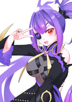 1girl absurdres bare_shoulders breasts broken_heart commission commissioner_upload eyepatch gradient_hair hair_between_eyes heart highres iroproject large_breasts looking_at_viewer mercy_modiste multicolored_hair nail_polish o-ring o-ring_top open_mouth purple_hair red_eyes scissors solo twintails v vallure virtual_youtuber