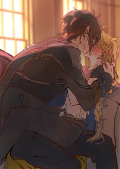 2boys aether_(genshin_impact) ahoge black_jacket blonde_hair blush boots braid braided_ponytail commentary_request face-to-face genshin_impact highres hinata0313 indoors jacket kiss knee_boots midriff multiple_boys on_lap sitting yaoi zhongli_(genshin_impact)