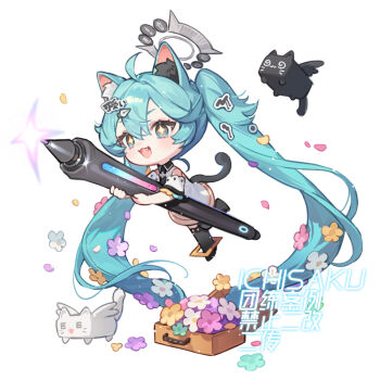+_+ 1girl :3 :d ahoge animal_ear_fluff animal_ears black_cat black_necktie black_thighhighs blue_hair blush cat cat_ears cat_girl cat_tail chibi chibi_only double-parted_bangs fang flower full_body hair_between_eyes hair_flower hair_ornament halo hatsune_miku holding holding_stylus ichisaku kemonomimi_mode long_hair necktie open_mouth shirt short_sleeves simple_background smile solo stylus tail thighhighs twintails very_long_hair vocaloid white_background white_cat white_shirt