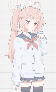 1girl :o ahoge arm_at_side black_thighhighs blue_archive blush bright_pupils cardigan choppy_bangs commentary cowboy_shot drink_carton drinking_straw grey_background grey_sailor_collar grey_skirt grid_background halo hand_up highres holding holding_drink_carton holding_juice_box juice_box kaki_xxx long_hair long_sleeves miniskirt natsu_(blue_archive) neckerchief parted_lips phone_in_pocket pink_hair pink_halo pink_neckerchief pleated_skirt red_eyes sailor_collar school_uniform serafuku side_ponytail skirt solo standing thighhighs white_cardigan white_pupils zettai_ryouiki