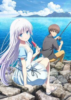 1boy 1girl absurdres anime_coloring black_jacket blue_eyes blue_sky brown_eyes brown_hair brown_pants closed_mouth cloud copyright_notice cumulonimbus_cloud day dress fishing fishing_rod food full_body happy highres holding holding_fishing_rod holding_food horizon jacket key_visual long_hair looking_at_viewer looking_back mountainous_horizon naruse_shiroha ocean official_art open_mouth outdoors pants popsicle promotional_art rock sandals scenery shirt short_hair short_sleeves sitting sky smile summer_pockets takahara_hairi toes very_short_hair watermelon_bar white_dress white_hair white_sandals white_shirt