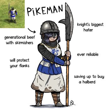 Rule 34 | 1girl, age of empires (series), age of empires ii, armor, boots, chainmail, commentary, dirty, dirty clothes, english commentary, english text, hair over one eye, helmet, highres, holding, holding weapon, kabewski, pike (weapon), pikeman (age of empires ii), polearm, reference inset, weapon, white background
