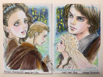 1boy 1girl anakin_skywalker animification artist_name brown_eyes brown_hair dated highres husband_and_wife looking_at_another may_the_4th multiple_views padme_amidala photoshop_(medium) star_wars tomoko_taniguchi traditional_media