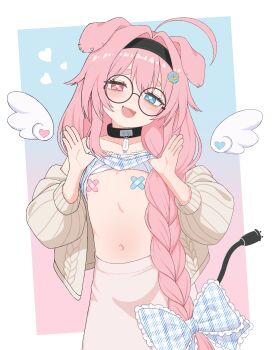 1girl :3 ahoge animal_ears areola_slip bandaid bandaids_on_nipples black-framed_eyewear black_collar black_hairband blue_bow blue_eyes blush bow braid cable cable_tail cardigan cat_ears clothes_lift collar cowboy_shot dog_ears ear_piercing electric_plug fang fangs flashing flat_chest glasses hair_between_eyes hair_bow hair_ornament hairband hairclip heart heart-shaped_pupils heterochromia indie_virtual_youtuber lifting_own_clothes loli long_hair long_sleeves looking_at_viewer mechanical_tail navel netcore_(vtuber) open_cardigan open_clothes open_mouth pasties piercing pink_eyes pink_hair round_eyewear shirt_lift single_braid skirt smile solo sweater symbol-shaped_pupils tail tooteki very_long_hair virtual_youtuber wings