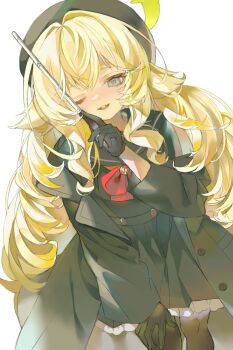 1girl beret black_coat black_gloves black_hat black_pantyhose black_sailor_collar black_serafuku blue_archive bow bowtie coat fluffy_hair gloves green_eyes halo hand_on_own_knee hat highres holding holding_pointer looking_at_viewer marant38 one_eye_closed open_clothes open_coat pantyhose pointer professor_niyaniya_(blue_archive) red_bow red_bowtie sailor_collar school_uniform serafuku side_ahoge solo white_background yellow_halo