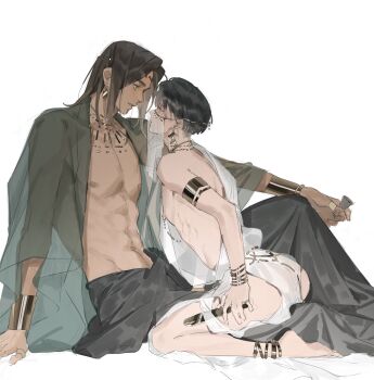 Rule 34 | 2boys, abs, alternate costume, anklet, armlet, ass, barefoot, black hair, black pants, brown hair, circlet, clothing cutout, commentary, earrings, eren yeager, green eyes, harem outfit, highres, jewelry, kneeling, levi (shingeki no kyojin), light smile, looking at another, male focus, medium hair, mouth veil, multiple boys, navel, necklace, nipple piercing, open clothes, open shirt, pale skin, pants, parted bangs, parted lips, pectorals, piercing, see-through clothes, see-through shirt, senkawaakatsuki, shingeki no kyojin, shirt, short hair, symbol-only commentary, tan, thigh cutout, veil, white background, yaoi