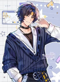 1boy alternate_costume asaba_harumasa asaba_harumasa_(cat) black_hair black_pants blue_sweater blush checkered_background collar commentary dotted_line english_commentary fuwafuwa_matcha grey_background hand_in_pocket hand_up head_tilt heart highres looking_at_viewer male_focus pants parted_bangs parted_lips shirt short_hair smile solo sparkle spiked_collar spikes star_(symbol) sweater twitter_username upper_body white_shirt yellow_background zenless_zone_zero