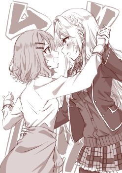 amaori_renako blazer blush braid cardigan cardigan_around_waist clothes_around_waist commentary_request eye_contact frilled_skirt frills hair_between_eyes hair_intakes hair_ornament hairclip highres holding_hands jacket long_hair looking_at_another monochrome open_clothes open_jacket ouzuka_mai pantyhose plaid_clothes plaid_skirt pleated_skirt school_uniform shirt simple_background skirt small_sweatdrop sweat text_background tottoto_tomekichi translation_request very_long_hair watashi_ga_koibito_ni_nareru_wake_naijan_murimuri! white_background yuri