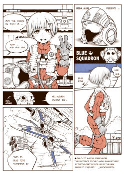 Rule 34 | 1girl, 2boys, absurdres, alien, animification, aurebesh, bob cut, boots, comic, energy cannon, english text, flying, gial ackbar, gloves, hair ornament, hairclip, hangar, helmet, highres, insignia, laughing, looking at viewer, multiple boys, nien numb, nosh, pilot, pilot suit, rebel pilot (star wars), running, science fiction, short hair, sketch, spacecraft, spacecraft interior, star wars, star wars: the force awakens, star wars: the last jedi, starfighter, t-70 x-wing, v, vest, x-wing