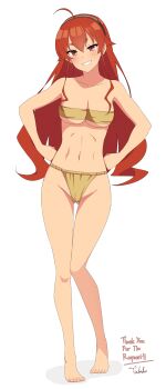 1girl artist_name barefoot breasts closed_mouth english_text eris_greyrat feet fundoshi grin half-closed_eyes hands_on_own_hips highres japanese_clothes large_breasts legs long_hair mushoku_tensei navel red_eyes red_hair sarashi smile solo teeth thighs toned