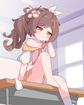 1girl aged_down barefoot blush brown_eyes brown_hair chiori_(genshin_impact) closed_mouth commission desk feet foot_out_of_frame genshin_impact hair_ornament hair_ribbon highres indoors knee_up loli long_hair looking_at_viewer multicolored_hair off_shoulder on_desk panties pantyshot pixiv_commission pleated_skirt red_sailor_collar red_skirt ribbon sailor_collar school_desk shirousagi_(user_erwx7425) shirt side_ponytail single_bare_foot single_sock sitting skirt smile socks solo streaked_hair toes underwear unworn_socks white_panties white_ribbon white_shirt white_socks window