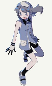 1girl bandana bike_shorts dda_sso dress eyelashes fangs full_body gloves looking_to_the_side may_(pokemon) nintendo open_mouth pokemon pokemon_adventures shoes short_hair shorts sleeveless sleeveless_dress socks solo