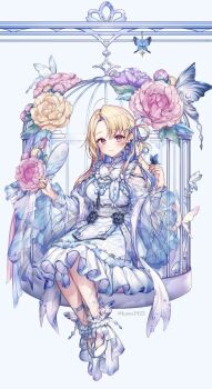 1girl :3 ahoge ankle_garter ankle_strap avatar_2.0_project bare_shoulders bell_sleeves birdcage blonde_hair blue_butterfly blue_dress blue_hair blue_nails blue_ribbon blush braid breast_curtains breasts bug butterfly butterfly_earrings butterfly_hair_ornament butterfly_on_hand cage charm_(object) chinese_clothes closed_mouth clothing_cutout collarbone colored_inner_hair commentary_request dress dress_flower earrings floral_print floral_print_dress flower foot_dangle frilled_dress frilled_sleeves frills full_body gem grey_background hair_ornament hair_ribbon hair_rings hairclip hand_fan hands_up highres holding holding_fan in_cage insect jewelry komeshiro_kasu leg_tattoo legs_together lolita_fashion long_hair long_sleeves looking_at_viewer medium_breasts medium_dress minase_shia multicolored_hair nail_polish neck_tassel official_art pearl_(gemstone) peony_(flower) pink_butterfly pink_eyes pink_flower print_dress purple_flower qi_lolita ribbon see-through_clothes see-through_sleeves shawl shoes shoulder_cutout side_braid side_part simple_background single_earring single_hair_ring sitting smile solo tassel tassel_earrings tattoo tuanshan twitter_username two-tone_dress two-tone_hair virtual_youtuber white_butterfly white_dress white_shawl white_shoes winged_shoes wings yellow_flower