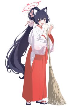 Rule 34 | 1girl, animal ear fluff, animal ears, black hair, blue archive, blush, broom, cat ears, commentary, cu cu cu, flower, full body, hair flower, hair ornament, hair tubes, hakama, hakama skirt, halo, hands up, highres, holding, holding broom, japanese clothes, kimono, long hair, looking at viewer, miko, official alternate costume, open mouth, petal print, pink flower, pink halo, ponytail, red eyes, red hakama, sandals, serika (blue archive), serika (new year) (blue archive), simple background, single claw pose, skirt, solo, tabi, white background, white kimono, wide sleeves, zouri