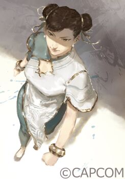 1girl black_eyes black_hair blue_pants bracelet capcom china_dress chinese_clothes chun-li cleavage_cutout clenched_hands clothing_cutout concept_art double_bun dress fukumori_(capcom) full_body hair_bun highres jewelry official_art pants solo street_fighter street_fighter_6 walking white_dress