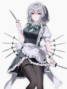 1girl absurdres apron back_bow bow braid breasts brown_pantyhose closed_mouth collared_shirt commentary green_bow grey_hair hair_bow highres holding holding_knife izayoi_sakuya knife long_hair looking_at_viewer maid maid_headdress medium_breasts pantyhose puffy_short_sleeves puffy_sleeves red_eyes shirt short_sleeves solo thigh_strap tomura_amane touhou twin_braids waist_apron white_apron white_bow white_shirt wrist_cuffs