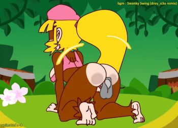1boy 1girl 2021 20s animated animated_gif blonde_hair bouncing_breasts breasts dixie_kong dixie_kong_animation_(minus8) doggystyle donkey_kong_(series) donkey_kong_country flower furry furry_with_furry furry_with_non-furry green_eyes hat interspecies jungle large_breasts long_hair midriff minuspal monkey monkey_girl nature nintendo ponytail pussy_grip rareware sex sex_from_behind tagme underboob vaginal