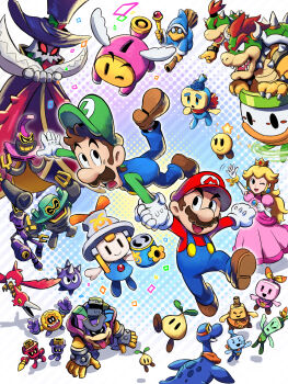 6+boys absurdres black_eyes blonde_hair bowser bowser_jr. brothers brown_hair buddy_(mario) connie_(mario) dorrie dress dulles_(mario) ecks_(mario) electric_plug ellow_(mario) everyone facial_hair gloves gorumbla green_hat green_shirt guardarm hat helmet_zok_trooper highres ireen_(mario) jewelry kamek koopa_clown_car long_hair loog_(mario) luigi mario mario_&amp;_luigi:_brothership mario_&amp;_luigi_rpg mario_(series) multiple_boys multiple_girls mustache nintendo no_fingers official_alternate_eye_color official_style open_mouth overalls princess_peach red_hat red_shirt seedle_(mario) shadow shirt shun_(mario) siblings smile snaptor snoutlet_(mario) socks spike_zok_trooper spikely spikes star_(symbol) starlow ten_(mario) two-tone_socks white_gloves yamari_(ya_mari_6363) zokket