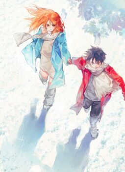 1boy 1girl alternate_costume black_hair black_pants blue_coat breath brown_eyes chinese_commentary coat commentary_request dress facial_scar flower from_above full_body grey_dress grey_shirt grin highres holding_hands leg_warmers lidocaine0 long_hair long_sleeves monkey_d._luffy nami_(one_piece) one_piece open_clothes open_coat orange_hair outdoors pants red_coat scar scar_on_cheek scar_on_face scarf shirt short_hair sleeves_past_wrists smile snow walking white_scarf winter_clothes