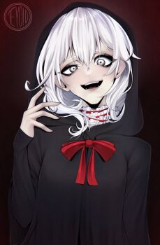 1girl ai-generated_art_(topic) black_hoodie brown_background choppy_bangs commentary creepypasta hair_between_eyes hand_up highres hood hood_up hoodie jeff_the_killer jeff_the_killer_(ai-gen) long_sleeves looking_at_viewer medium_hair open_mouth red_ribbon ribbon smile solo teyoid uneven_eyes upper_body white_eyes white_hair