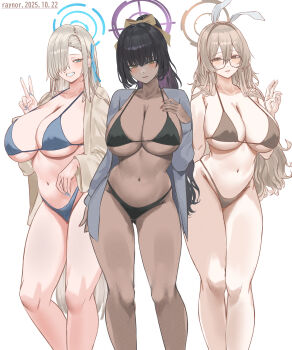 3girls absurdres akane_(blue_archive) alternate_costume alternate_hairstyle asuna_(blue_archive) bikini black_bikini black_hair blonde_hair blue_archive blue_bikini blush breasts brown_bikini brown_eyes brown_hair brown_halo cleavage closed_mouth commentary dark-skinned_female dark_skin feet_out_of_frame hair_over_one_eye halo highres huge_breasts karin_(blue_archive) legs long_hair looking_at_viewer multiple_girls navel nuo_(fttv3255) purple_halo simple_background smile standing stomach swimsuit symbol-only_commentary thighs v very_long_hair white_background yellow_eyes